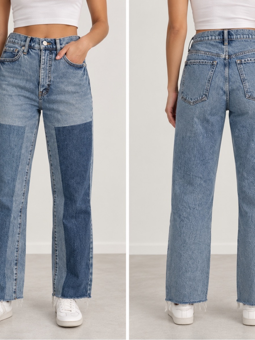 High-Rise Two-Tone Straight Leg Jeans